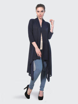 Buynewtrend - Navy Plain Hosiery Lycra Long Shrug for Women