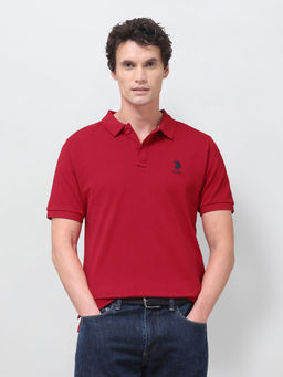 U.S. POLO ASSN. - Red Solid Cotton Slim Polo T-Shirt