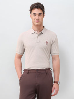 U.S. POLO ASSN. - Beige Solid Cotton Slim Polo T-Shirt