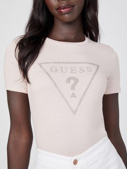 Guess - Women Pink Embellished Round Neck T-Shirt