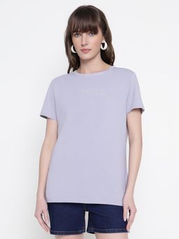 Guess - Women Lavender Embellished Round Neck T-Shirt