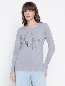 Guess - Women Grey Embellished Round Neck T-Shirt