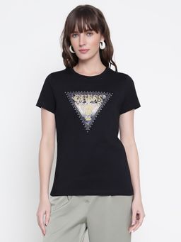 Guess - Women Black Embellished Round Neck T-Shirt
