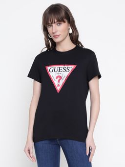 Guess - Women Black Solid Round Neck T-Shirt