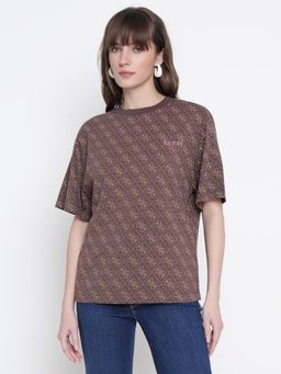 Guess - Women Brown Printed Round Neck T-Shirt