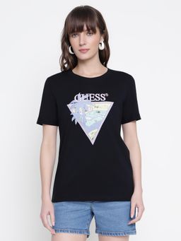 Guess - Women Black Printed Round Neck T-Shirt