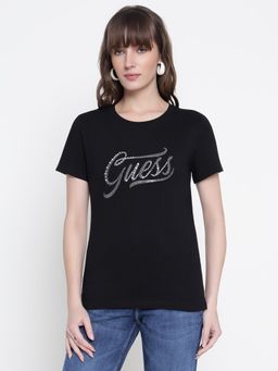 Guess - Women Black Embellished Round Neck T-Shirt