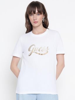 Guess - Women White Embellished Round Neck T-Shirt