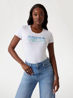 Guess - Women White Embellished Round Neck T-Shirt