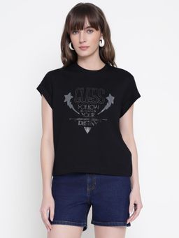 Guess - Women Black Embellished Round Neck T-Shirt