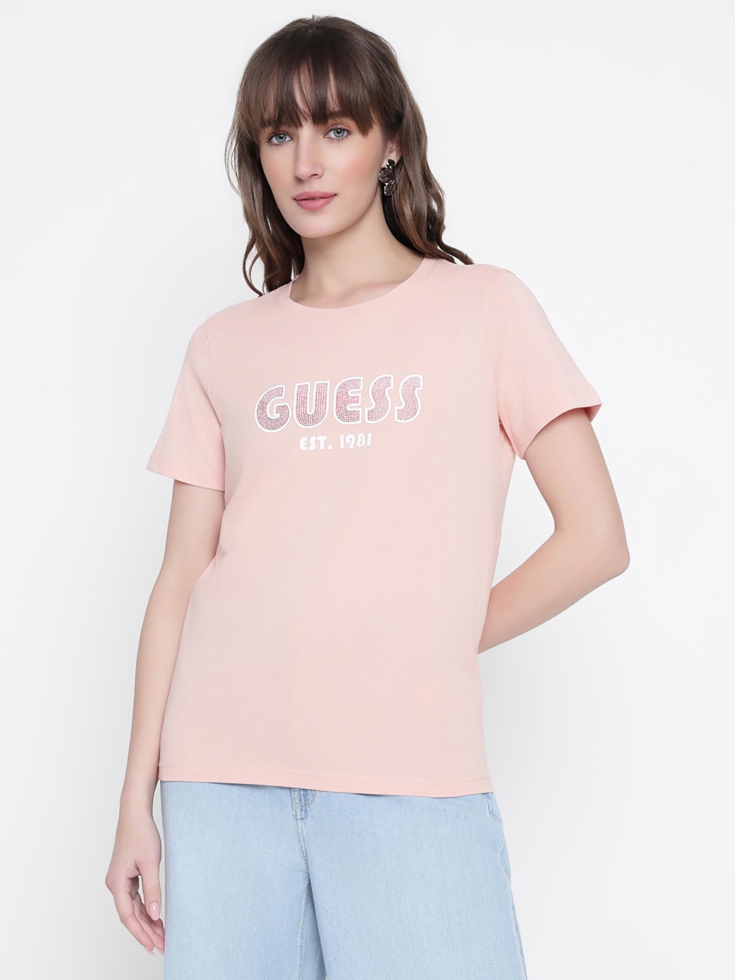 guess Women Pink Embellished Round Neck T-Shirt-picture-14