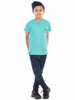 3PIN - Boys Green Henley Neck Half Sleeves T-Shirt