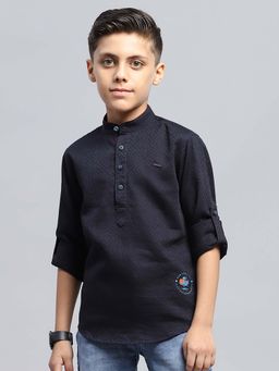Monte Carlo - Boys Navy Blue Mandarin Neck Full Sleeves Shirt