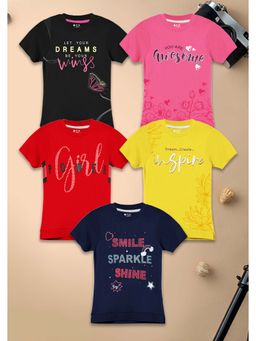 3PIN - Girls Multi-Color Crew Neck Half Sleeves T-Shirt (Pack of 5)