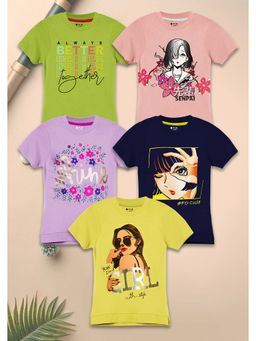 3PIN - Girls Multi-Color Crew Neck Half Sleeves T-Shirt (Pack of 5)