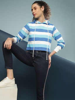 Campus Sutra - Blue Women Striped Hooded Casual Sweatshirt