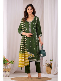 DISHWA FASHION - Women Floral Embroidered Thread Work Silk Kurta With Pant & Dupatta