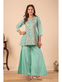 DISHWA FASHION - Women Floral Print Silk Embroidered Tunic With Palazzo