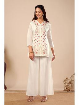 DISHWA FASHION - Women Floral Print Silk Embroidered Tunic With Palazzo