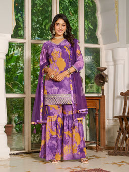 DISHWA FASHION - Women Floral Printed Regular Sequinned Kurta With Sharara & Dupatta