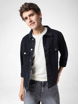 Urbano Fashion - Men Black Regular Fit Washed Full Sleeve Denim Jacket