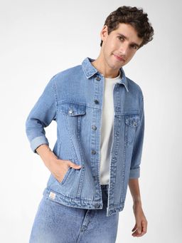 Urbano Fashion - Men Light Blue Regular Fit Washed Full Sleeve Denim Jacket