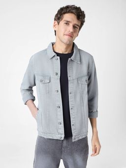 Urbano Fashion - Men Light Grey Regular Fit Washed Full Sleeve Denim Jacket