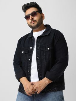 Urbano Plus - Men Black Regular Fit Washed Full Sleeve Denim Jacket