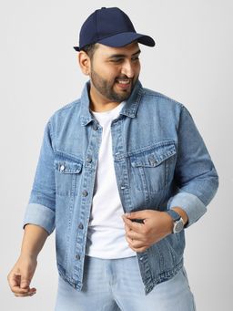 Urbano Plus - Men Light Blue Regular Fit Washed Full Sleeve Denim Jacket
