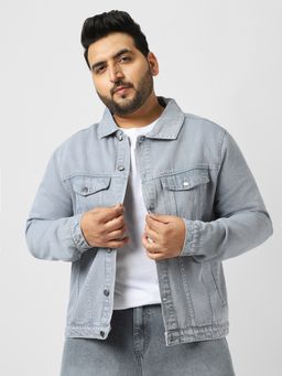 Urbano Plus - Men Light Grey Regular Fit Washed Full Sleeve Denim Jacket