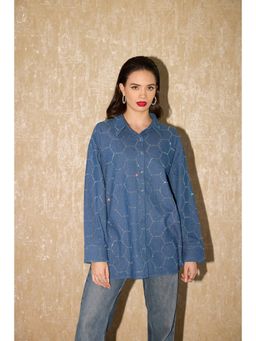 SHIAN - Blue Denim Crystal Football Embroidery Shirt