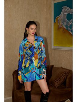 SHIAN - Blue Graphic Print Crystal Criss Cross Shirt
