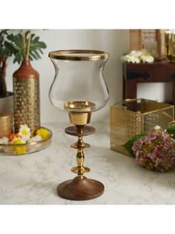 HomeTown - Nelumbra Metal, Glass And Wood Hurricane 16X39 cm In Gold Colour