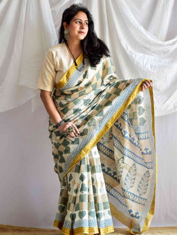 Sundarii - Do Patti Bagh Maheshwari Silk Handloom Cream Saree with Unstitched Blouse
