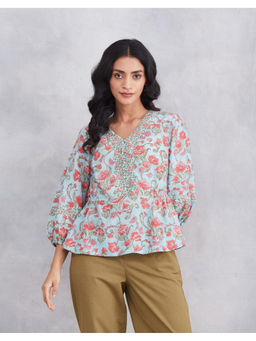 Fabindia - Blue Rayon Blend Printed Top