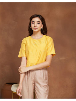 Fabindia - Yellow Cotton Silk Embroidered Short Top