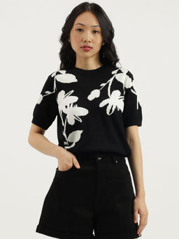 United Colors of Benetton - Black Round Neck Floral Print Top