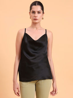Powersutra - Black Cowl Neck Satin Tank Top
