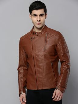SHOWOFFFF - Mens Mandarin Collar Tan Solid Leather Jacket