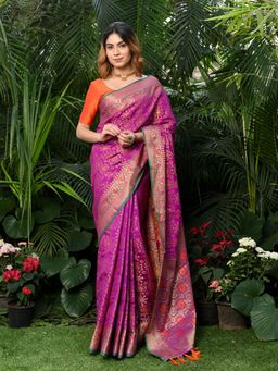 Beatitude - Pink Woven Patola Saree with Unstitched Blouse