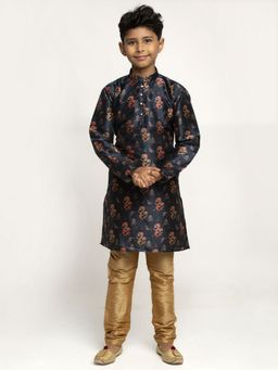 Kraft India - Boys Navy Blue Color Printed Silk Kurta with Churidar (Set of 2)