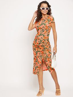 Uptownie - Womens Stretchable Cotton Drawstring Bodycon Dress Orange