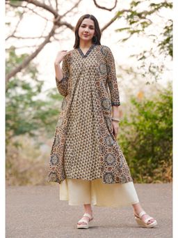SALWAR STUDIO - Classic Beige Ajrakh Pure Cotton Oversized A Line Kurta
