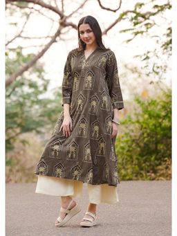 SALWAR STUDIO - Classic Brown Hand Blocked Pure Cotton Oversized A Line Kurta
