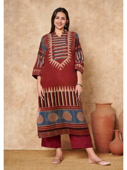 SALWAR STUDIO - Classic Red Ajrakh Pure Cotton Oversized Long Kurta
