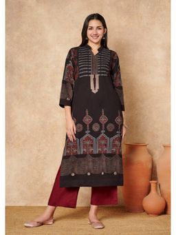 SALWAR STUDIO - Classic Black Ajrakh Pure Cotton Oversized Long Kurta