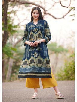 SALWAR STUDIO - Classic Blue Ajrakh Pure Cotton Oversized Long Kurta