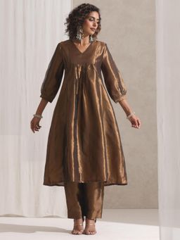 Swtantra - Womens Burnt Topaz Banarasi Tissue Kurta with Pant (Set of 2)