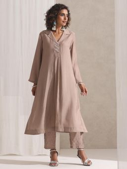 Swtantra - Womens Fawn Kurta and Pant with Pearl Embroidery (Set of 2)