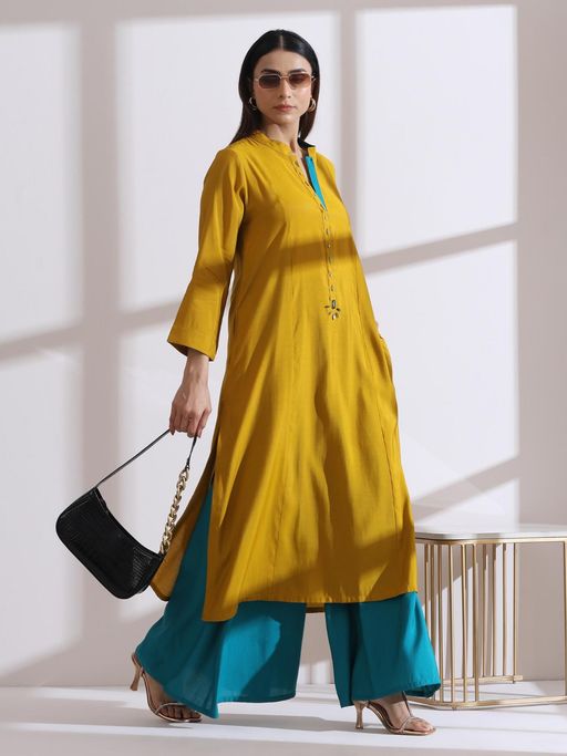 Swtantra Womens Mustard Long Opening Kurta with Beads and Blue Palazzo (Set of 2)